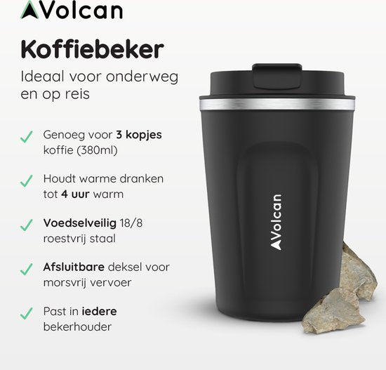 Tasse à café To Go en acier inoxydable Volcan - Tasse thermos - Etanche - Tasse à thé - 380ml - Noir