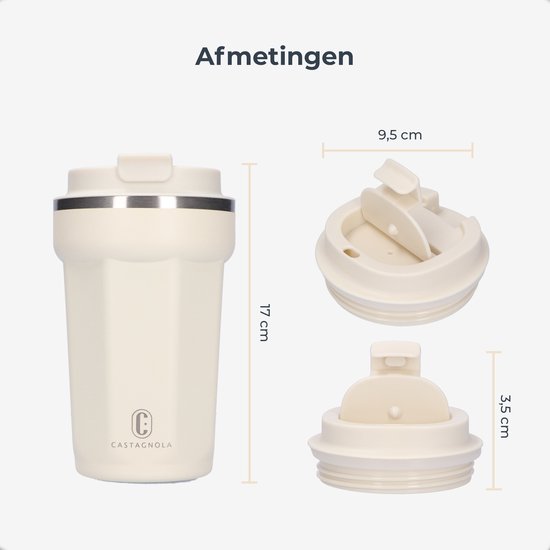 Mug thermos Castagnola - Tasse à café à emporter - Mug de voyage pour le café et le thé - Mug à thé - 380 ML - Acier inoxydable - Blanc cassé - Octogone