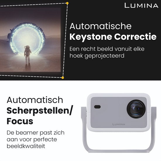 Lumina® Stellar Beamer 2025 - 4K Ultra HD - Écran et redressement automatique - Projecteur Smart TV tout-en-un - Pour iOS et Android - Blanc