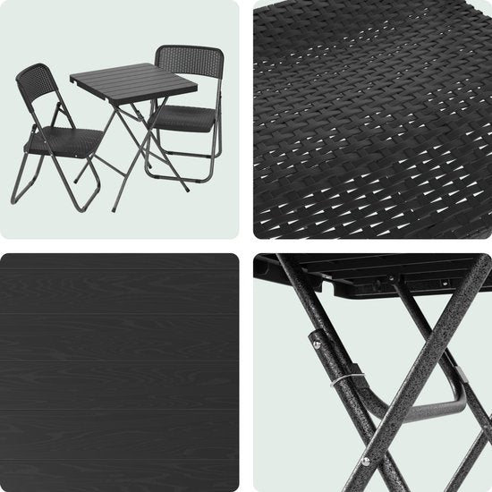 LifeGoods Ensemble bistro - 3 pièces - pliable - aspect rotin - ensemble de jardin avec table d'appoint - noir - capacité de charge de 200 kg - résistant aux intempéries
