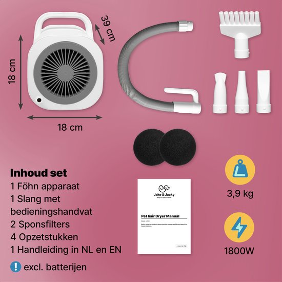 Jake and Jacky Professional Dog Hair Dryer - Souffleur d'eau pour chien - avec 4 accessoires - Séchoir pour chien - Design silencieux