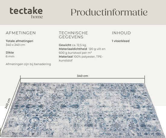tectake® Tapis au design vintage - Tapis à poils ras - Tapis Boho - Pour le salon, la chambre à coucher, la chambre d'enfant ou d'adolescent - Lavable - 240cm x 340cm - bleu
