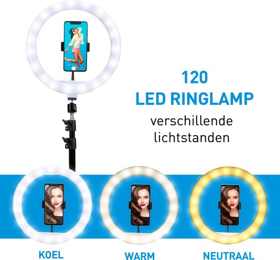 Lampe annulaire Grundig avec trépied - Lampe annulaire réglable jusqu'à 195 cm - Lampe Tiktok avec support de téléphone - Lampe annulaire pour selfie - Lampe annulaire avec 3 niveaux de lumière - Lampe de maquillage