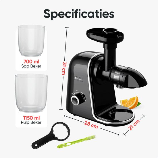 Kitchenwell Slowjuicer - 700ml - Presse-agrumes avec récipient à pulpe - Presse-légumes et fruits - Sans BPA - Noir