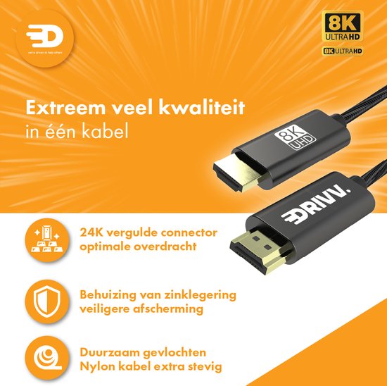 Drivv. Câble HDMI 2.1 8K - Ultra HD High Speed - HDMI vers HDMI - Convient à Xbox Series X & PS5 - 1 mètre - Nylon - Gris