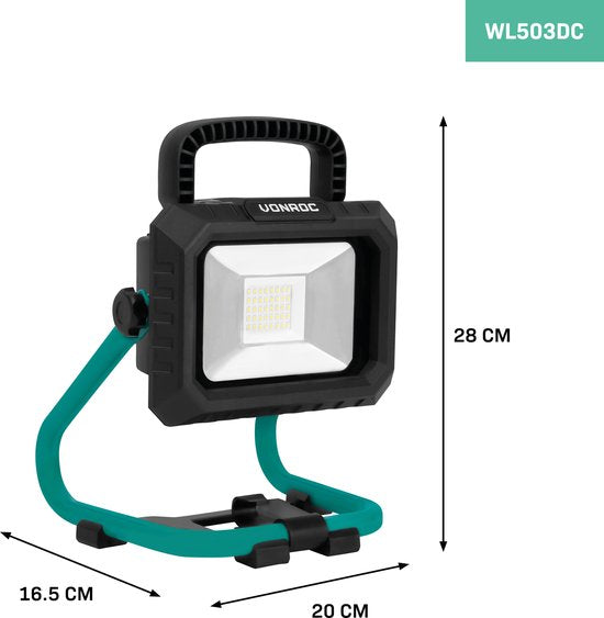 VONROC Lampe de chantier à batterie 20V - LED - 20W - 2 modes : 900/1800 lumens - inclinable - grand angle de rayonnement - Sans batterie ni chargeur