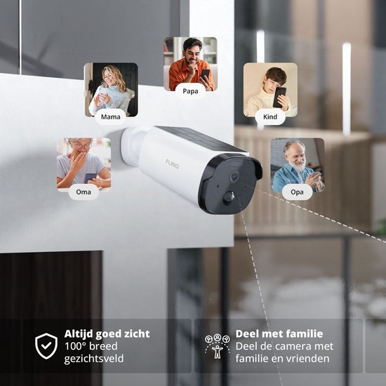 FlinQ Smart Security Camera Sentinel - USB & Solar Rechargeable - Caméra extérieure avec panneau solaire - Caméra de sécurité extérieure - 2K HD - Vision nocturne