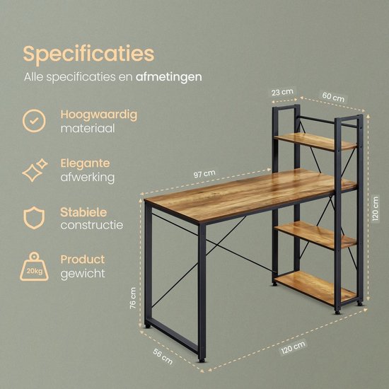 O'DADDY® Bureau avec pieds réglables - Table de bureau - Table d'ordinateur - Bureau de jeu - Petit bureau de jeu - Meuble de bureau - 120 x 60 cm - Bibliothèque - Bureau d'ordinateur - Marron