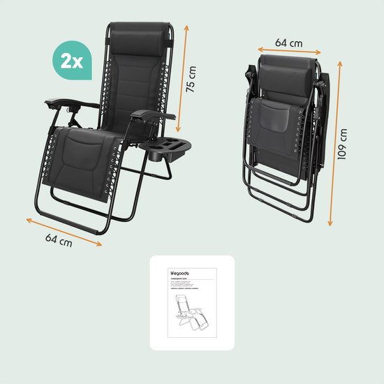 LifeGoods - Lot de 2 chaises longues - 30°-90° réglable - 150 kg max - Support pour gobelets et téléphone - Noir
