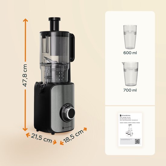 KitchenBrothers Slowjuicer - Vertical - Presse-agrumes - Presse-légumes et fruits - 126 mm - 750 ml - Noir