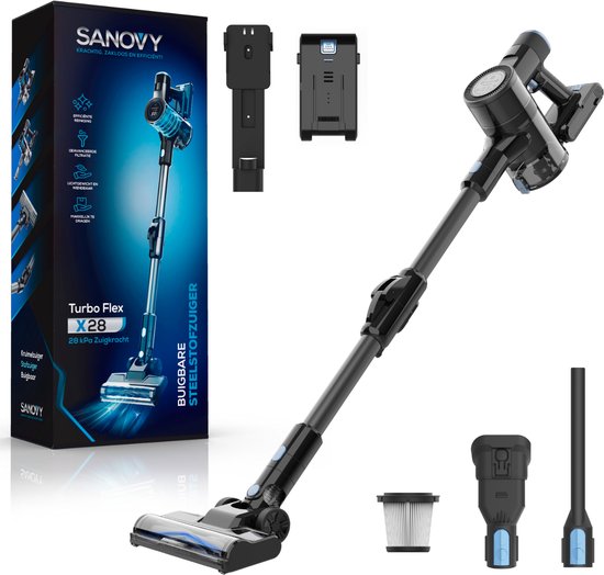 Sanovy Turbo Flex X28 Aspirateur à manche sans fil - Sans sac - Alimentation par batterie - 350W - 28Kpa - Avec accessoires - Aspirateur sans sac sans fil