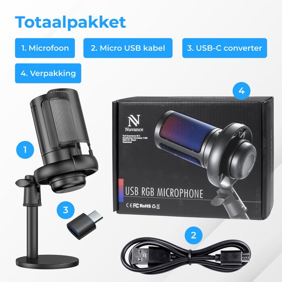 Nuvance - Microphone USB avec support - pour PC et microphone de jeu - avec filtre anti-bruit - Convertisseur USB-C inclus - Microphone de streaming - RGB