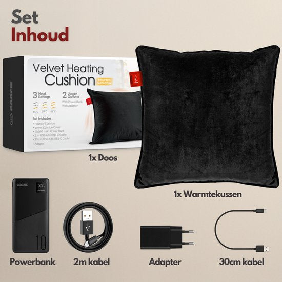 Coozie Rechargeable Heat Pillow - sans fil et filaire - 45-65°C - Velours - 45 x 45 cm - Noir - Oreiller électrique - Powerbank incluse - Jusqu'à 8 heures de chaleur