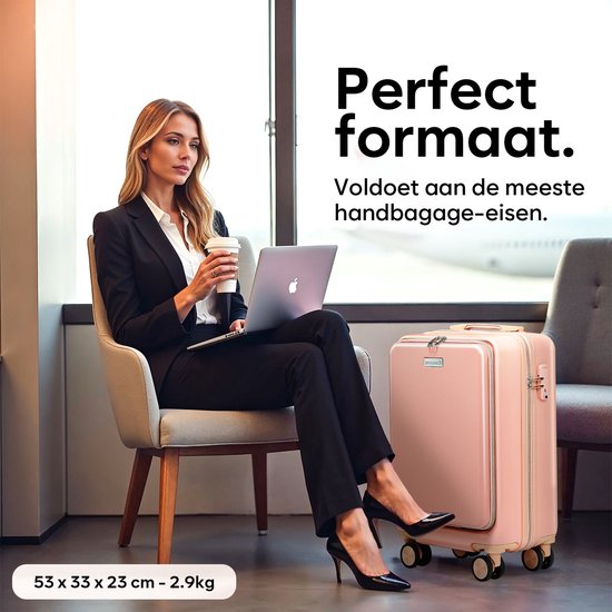 Skycases Hand Luggage Suitcase 35L - Lightweight Trolley - Spinner Wheels - TSA Lock and Laptop Compartment - Travel Suitcase with Handy Front Pocket - 55 cm - Pink