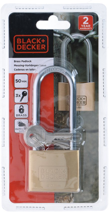 BLACK+DECKER Cadenas - 50mm - Anse longue - 3 clés incluses - Serrure en laiton massif