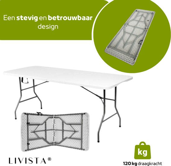 Livista® Table pliante - Table pliante - 180 x 70 cm - Table pliante - Antidérapante et résistante aux intempéries - Blanc