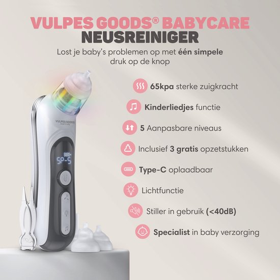 Vulpes Goods® BabyCare - Nettoyeur de nez pour bébé - Nettoyeur de nez électrique - Douche nasale électrique - Nettoyeur de nez - Lingette nasale - Aspirateur de nez - Grande batterie - USB C - PRO