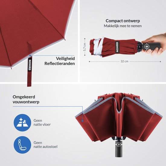 Nohrd Storm Umbrella - Bordeaux Red - Parapluie pliable - Stormproof 108 km/h - Parapluies tempête - Pliage et dépliage automatique - Réfléchissant - Parapluies - Housse de protection incluse