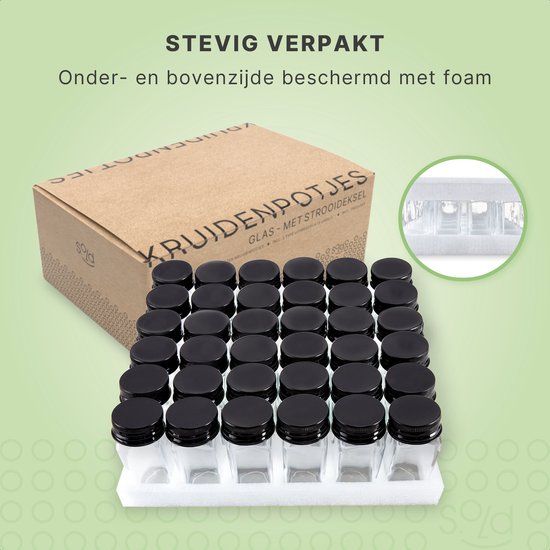 S.old - 36 pots à épices en verre carrés avec couvercle noir - Spice Spreader - Set complet avec couvercles à saupoudrer, autocollants préimprimés et entonnoir - Capacité 120 ml - 10,5 x 4,3 cm
