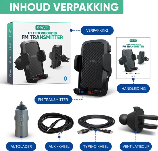 Serve 2in1 Bluetooth FM Transmitter & Phone Holder Car - Car Kit for Music - Phone Holders Car Accessories - Ventilation Holder