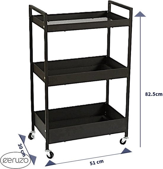 Ceruzo Chariot de cuisine à roulettes - 3 couches - Métal - Chariot de service - Noir -51 x 30 x 82,5 cm