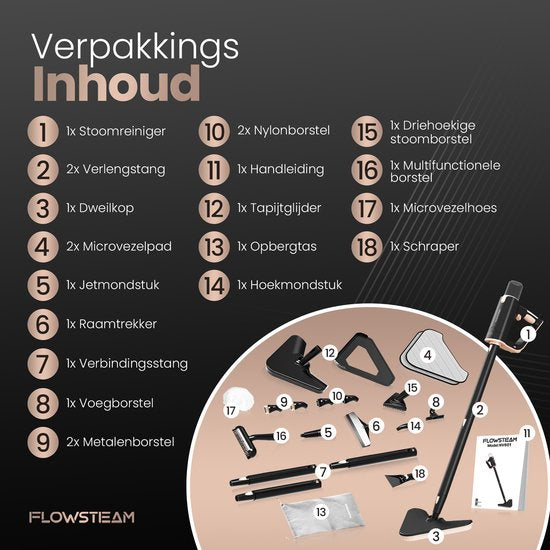 FLOWSTEAM® Deluxe Steam Cleaner - 13 accessoires - vapeur à 120° - nettoyeur de tapis - nettoyeur de taches - sèche-mains - cordon de 5 m - 2 lingettes microfibres incluses