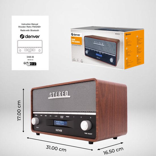 Denver DAB Radio - Retro Radio XL - DAB+/ FM Radio - Bluetooth - Dimmable - 100W - Batteries & secteur - DAB36 - Bois