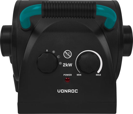 Chauffage électrique VONROC PRO- soufflant - chauffage d'atelier - 1350W/2000W - céramique - 3 réglages - thermostat - 900 inclinable - 20m2 - noir