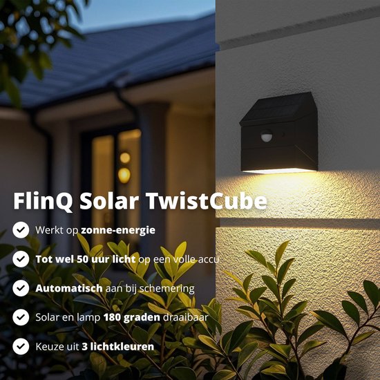 FlinQ Solar TwistCube 2-pack - Transformable en 4 formes - Applique solaire d'extérieur - Lampe solaire d'extérieur avec détecteur de mouvement - Lampe de jardin LED avec détecteur jour et nuit - Eclairage extérieur