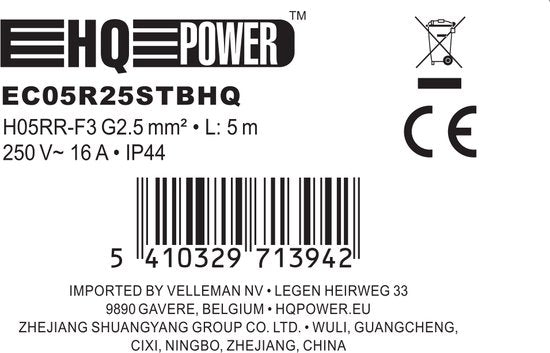 HQ-Power Câble d'extension, avec gaine thermorétractable, H05RR-F 3G2.5, 5 m, 16 A/230 V, 3680 W, type E/F, IP44, caoutchouc, noir