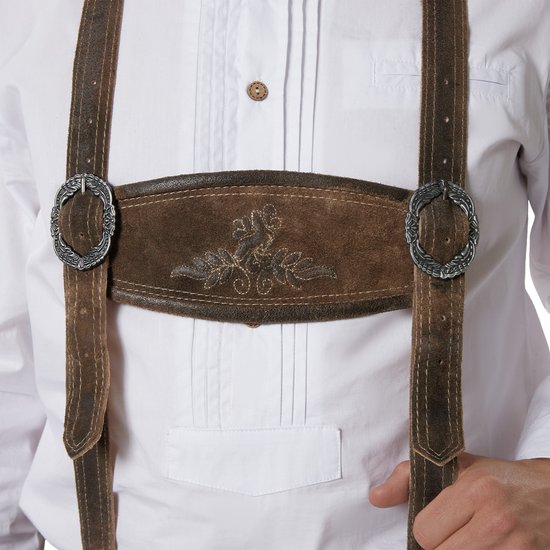 Dressforfun Authentique Lederhosen Jonathan court - Avec ceinture et bretelles - Cuir véritable - Marron - 50 - Oktoberfest Dress Man - Costume d'homme - Dress Up - Costume allemand - Costume de carnaval - Gilet de costume - Pantalon traditionnel en cui
