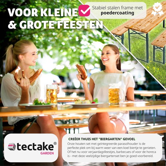 tectake® Ensemble de tentes à bière avec table et 2x bancs à bière, avec porte-parasol - ensemble de tentes à bière, meubles de balcon avec 1x table pliante et 2x bancs à bière, pliant, 170 x 46 x 78 cm, laqué