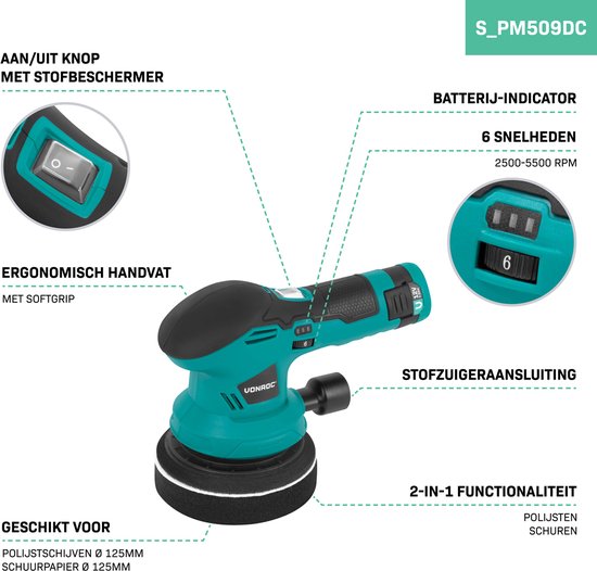 VONROC Polisseuse 12V - Ø 125mm - double action - 2-en-1 : polissage et ponçage - Batterie, câble usb-c, 4 disques de polissage et papier de verre inclus