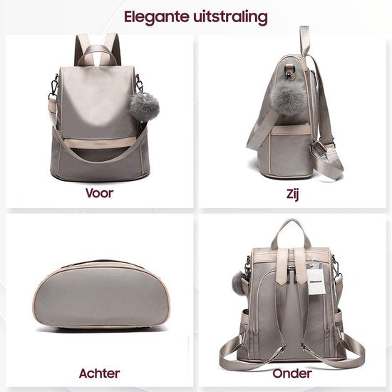 Sac à dos antivol - Sac à dos femmes - Imperméable - Petit - Sac à dos antivol - Dos, Epaule, Sac à main en un - Nylon - avec sangle réglable - Beige - Glennoo