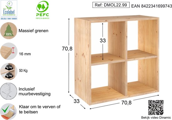 Astigarraga Armoire à compartiments ouverte - 4 compartiments - Pin PEFC - 71x71cm