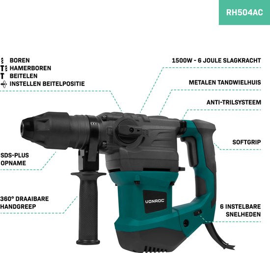 VONROC Marteau perforateur 1500W - 6 Joule - Vitesse réglable - SDS plus - 4 Fonctions - Inclut forets et burins