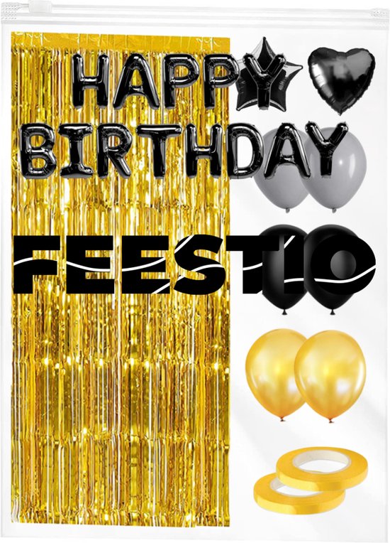 Feestio Ballons Décoration d'anniversaire avec nappe et guirlandes - Hélium - Noir Or