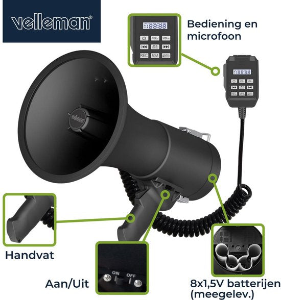 Mégaphone Velleman 50W avec sirène, batteries incluses, enregistrement 700s, réglage du volume, Bluetooth, USB, microphone à main, portée 1200m, 120dB, design ABS portable, noir mat
