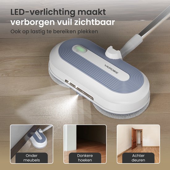 Vapore Electric Mop Cordless - 150×150 RPM Dual Rotation - 40 min Battery - LED Lighting - Floor Cleaner - All Hard Floors - Quiet 77.5 dB - Mopping System with Spray