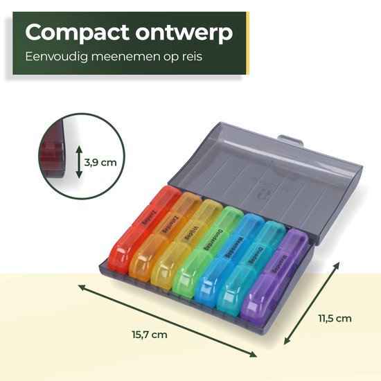 Pilulier Gandria 7 jours - Pilulier amovible - Boîte à médicaments avec 21 compartiments - Boîte à médicaments avec fermeture solide - 3 compartiments par jour - 7 couleurs