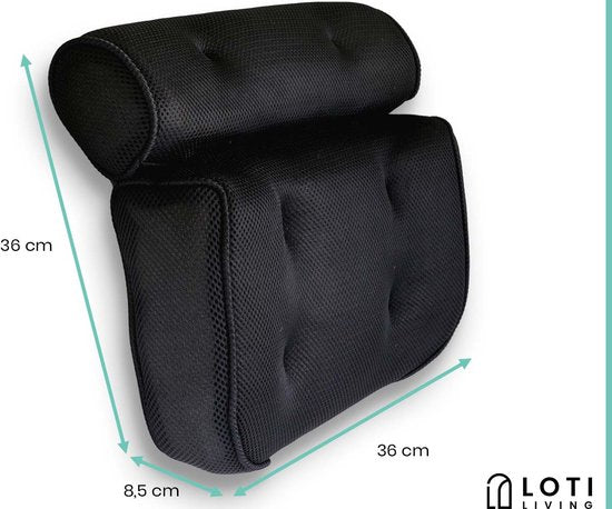Loti Living Oreiller de bain - Oreiller de bain - Oreiller cervical de bain - Appui-tête de bain - Oreiller de bain avec ventouses - 6 ventouses - Oreiller cervical ergonomique - Antidérapant - Noir