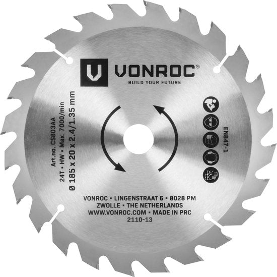 VONROC Lame de scie circulaire - 185x20mm - 24 dents - Convient pour le bois - Universelle