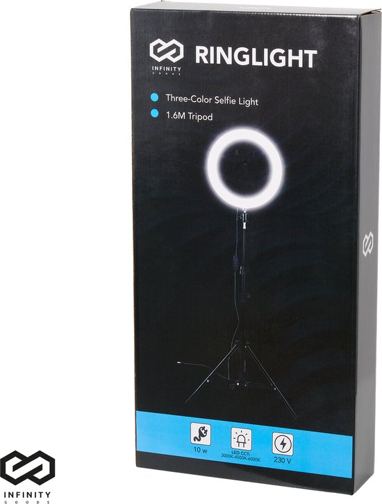 Infinity Goods Ring Light With Tripod - LED - 3 Colours - Adjustable Tripod Up to 186m - Includes Plug - Selfie Ringlight for Tiktok / Instagram / Youtube / Streaming / Working at Home - Black