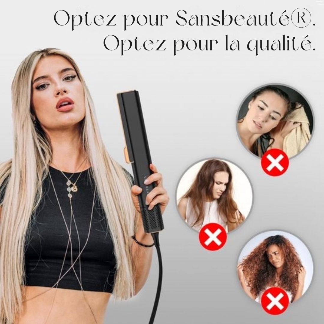 Lisseur Sansbeauté® - 2 en 1 - Sèche-cheveux et lisseur - Jet d'air froid - 80 °C à 140 °C - Lisseur à vapeur alternatif - Noir