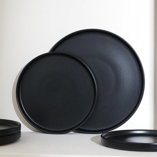 Deleca Service de table 6 personnes - Bols, Coupes / Assiettes - Faïence solide - Noir mat / 24 pièces