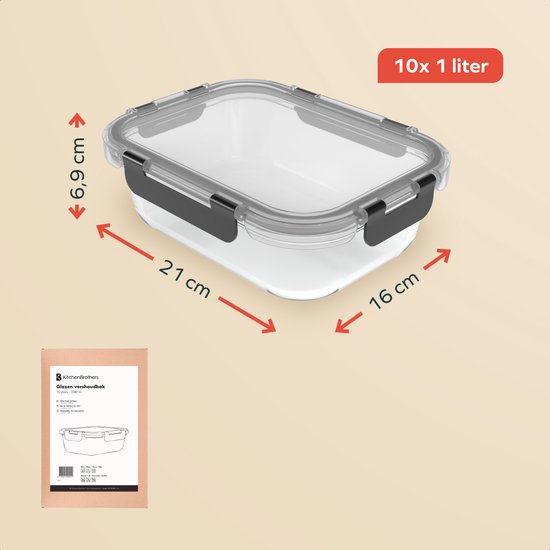 KitchenBrothers Meal Prep Trays - Plateaux fraîcheur en verre - hermétique - sans BPA ni PFAS - 1L - verre - 10 pièces