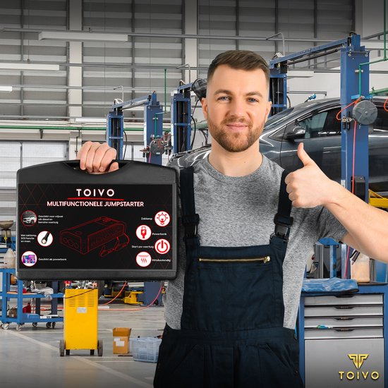 Toivo 12V Jumpstarter for Car - 1000A / 20,000 mAh - With Compressor - 4-in-1 Starting Aid with Powerbank, LED Flashlight and SOS Emergency Light - In Storage Case