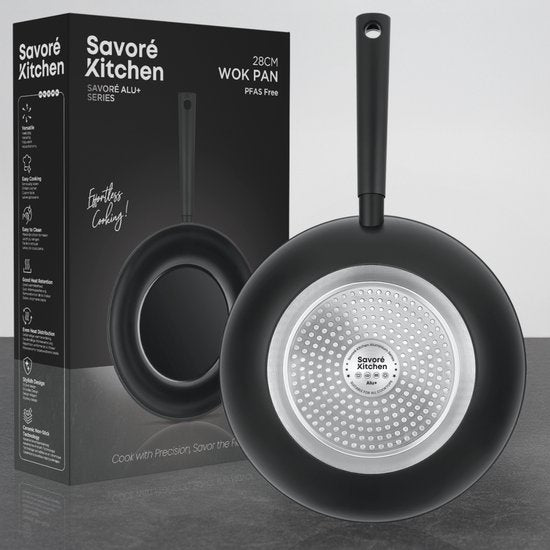 Savore Kitchen Wok pan Ø 28 cm - Induction - Sans PFAS - Revêtement antiadhésif en céramique - Wok Pan - Poêles à wok