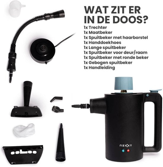 Nettoyeur vapeur sans fil Nexxt avec accessoires - Réservoir d'eau 360 ml - Jusqu'à 135 °C et 3,5 bars - Pour sols et tissus d'ameublement - 1350 Watts - Noir