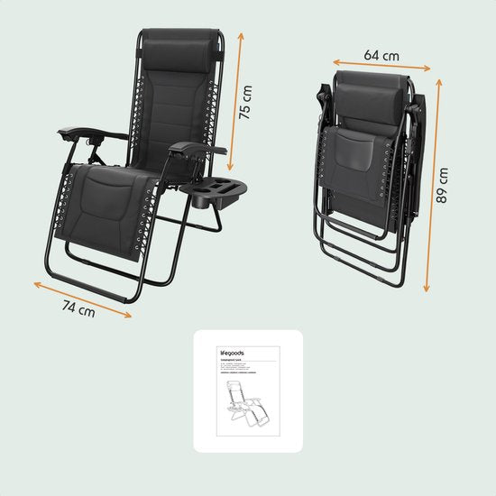 LifeGoods Lounger Comfort - pliable - réglable de 30° à 90° - support pour gobelets et téléphone - chaise de jardin - noir